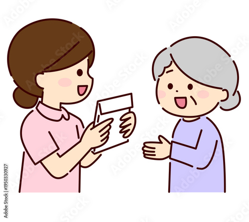 高齢者の女性へ薬袋をわたす医療スタッフ