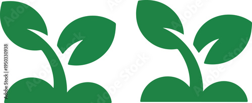 Minimalist green plant sprout logo with two leaf icons symbolizing growth, nature and eco sustainability design