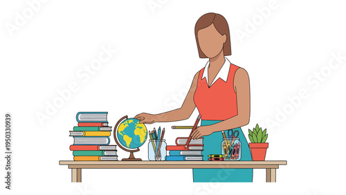 Teacher's Workspace: A dedicated teacher is at her desk, surrounded by educational tools, ready to educate. and promote the idea of knowledge.