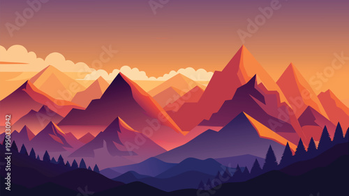 Sunset over a mountain range with trees