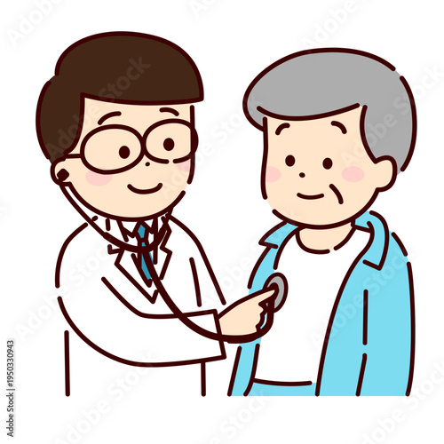 医師に聴診されているシニア男性