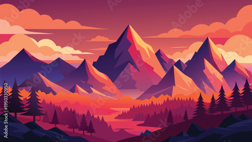A mountain range with trees and a river at sunset