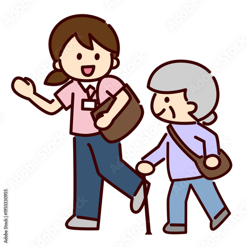 シンプル画　シニア女性に同行する女性