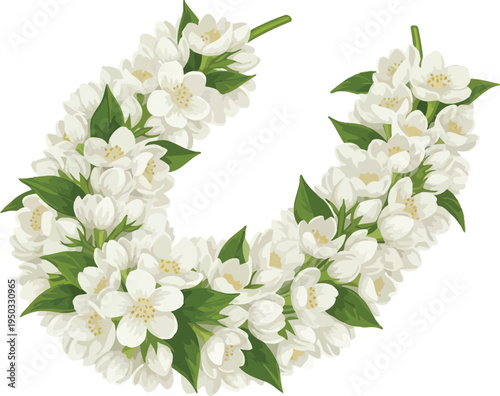 A beautiful floral arrangement in the shape of a crescent moon made of white flowers and green leaves on a plain white background.
