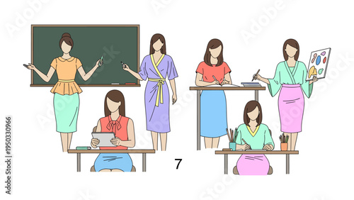 Teachers in Action: A series of illustrations capturing educators engaged in various activities within a classroom setting, showcasing the dynamism and versatility of their roles.