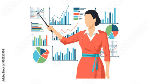 Data Analysis Presentation: An authoritative figure confidently delivers a data analysis presentation, guiding attention through a complex array of charts and graphs.