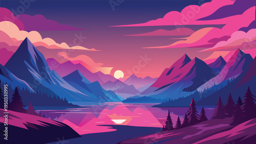 A serene mountain landscape at sunset