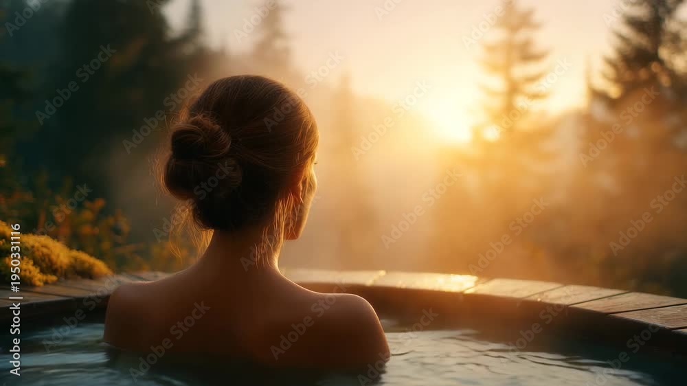 Woman relaxing in outdoor wooden hot tub at sunset in pine forest Stock ...