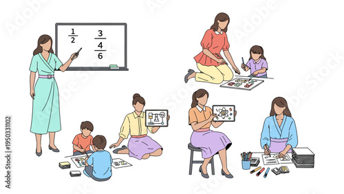 Child Education Moments: A collection of educational moments capturing various learning activities. The scene includes teachers engaging children in math, drawing, and other creative activities.