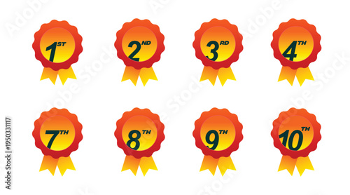 Gold Ranking Award Badges 1–10 with Red Ribbon Vector Icon Set for Winners