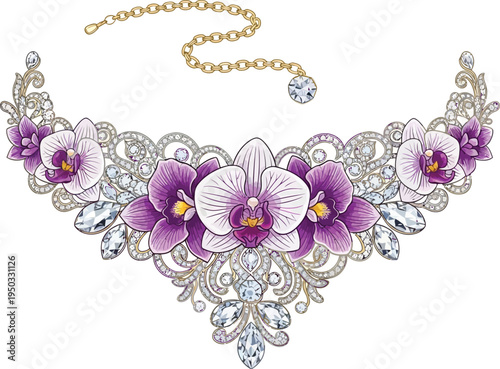 A beautiful gold necklace with purple flowers and diamonds on a white background