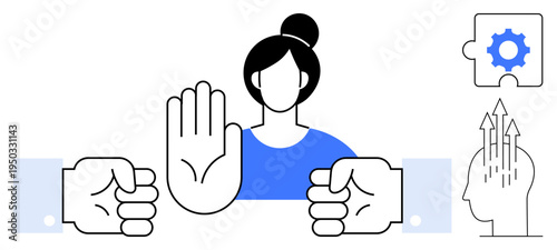 Conflict resolution. Visualizes a stop gesture, teamwork puzzle, and goal-oriented growth. Conflict resolution enhances collaboration, communication, and professional success. For HR, education