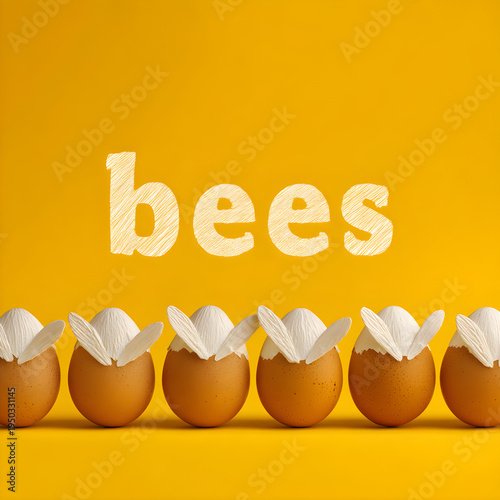 A wide horizontal banner featuring a row of eggs turned into "bees" with paper wings on a bright yellow background. - Image #2 @Ai content creator