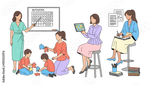 Early Education and Nurturing Mindsets: Educators engage with children in various learning activities, emphasizing early childhood development and the creation of positive educational experiences.