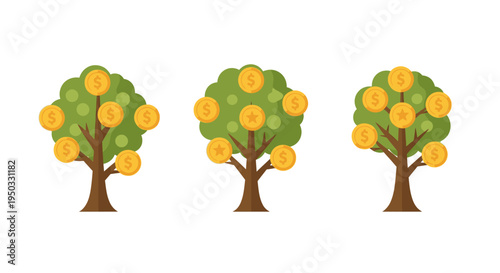 Money Trees Growing Gold Coins: Financial Growth, Investment, and Wealth Concept
