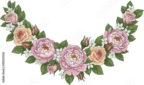 A beautiful floral wreath made of pink roses and peonies on a white background