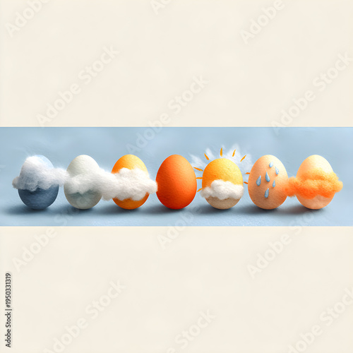 A wide horizontal banner featuring a row of eggs painted like different weather clouds (storm, sun, rain). - Image #2 @Ai content creator