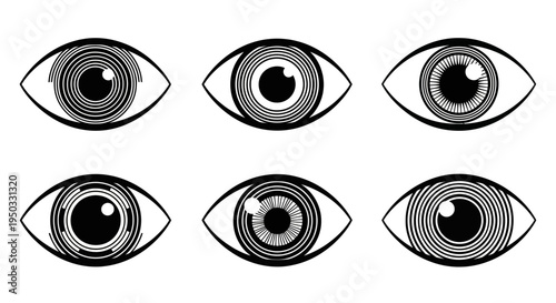 Set of Six Stylized Eyes Illustrations, Black and White, Graphic Design Elements