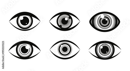 Set of Six Stylized Human Eyes Icons, Black and White, Diverse Iris Patterns