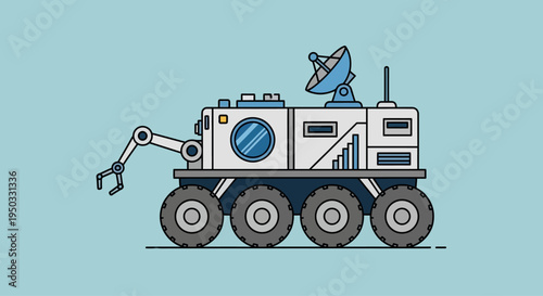 Space Rover with Robotic Arm and Satellite Dish on Blue Background