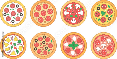 Set of tasty pizza illustrations featuring different varieties and styles, perfect for food design, menus, and vector artwork isolated