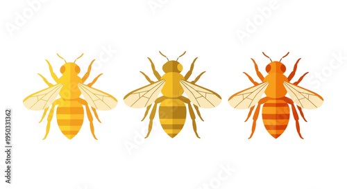 Three stylized bees in different shades of yellow and orange, isolated on white background.