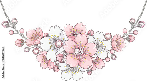 A beautiful floral necklace with pink and white flowers on a silver chain