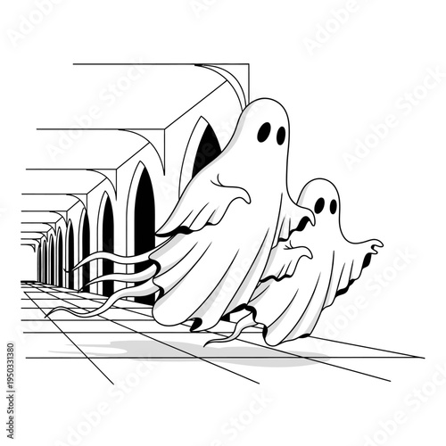 Two cartoon ghosts floating in a spooky hallway, Halloween concept