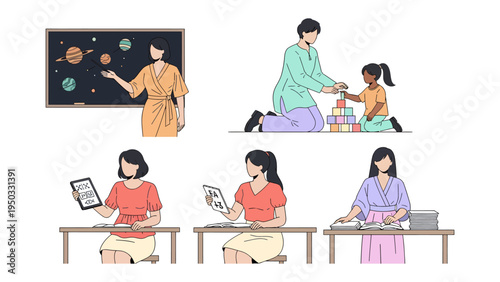 Education and Learning: A compilation showcasing various educational and learning activities, including a teacher presenting to students, a parent helping child.