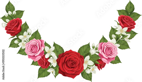 A beautiful floral wreath made of roses and white flowers on a white background