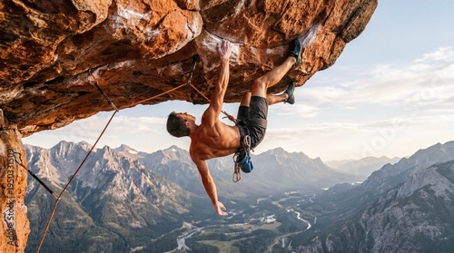 Athletic male rock climber hanging upside down on a challenging overhang showcasing strength and determination amidst a breathtaking mountain landscape and winding river valley.