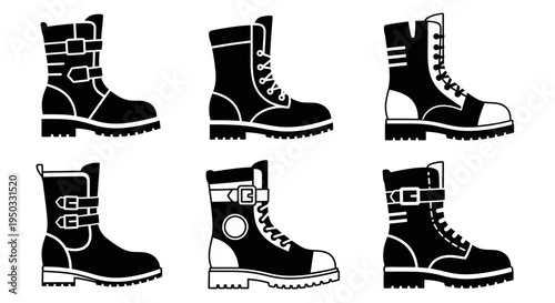 Collection of Black Combat Boots, Military Style Boots, Fashion Footwear Icons