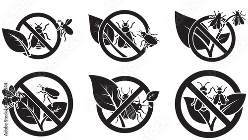 Natural Pest Control Icon With Insect And Leaf — Minimal Black-and-White Solid Silhouette, Flat Vector, Isolated On White