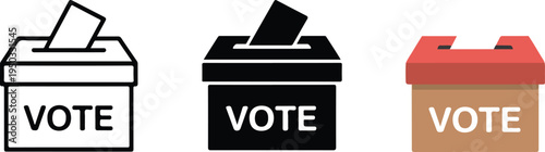 Minimalist ballot box vote icon set with line art, black silhouette and red 3D election symbol