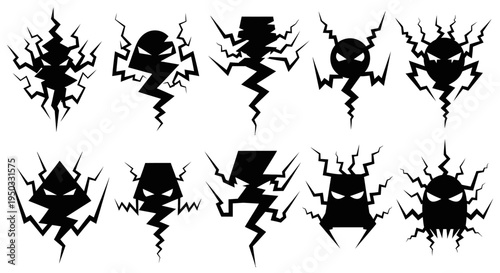 Collection of Scary Lightning Bolt Monsters with Angry Faces, Halloween Icons