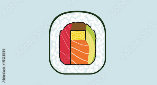 Delicious Sushi Roll with Salmon, Tuna, Avocado, and Egg on Light Blue Background