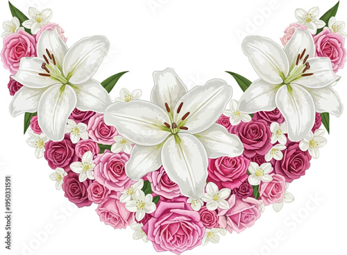 A beautiful floral heart arrangement with pink roses and white lilies on a white background