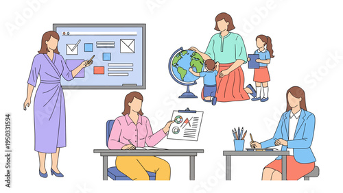 Learning and Guiding: Illustrative view of different teachers engaging students with instruction. Emphasizing mentorship, conveying knowledge, and illustrating the core of educational guidance.