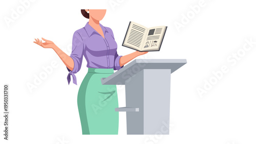 Public Speaker: A poised figure, with an open book, stands at a podium, ready to deliver a speech, illustrating authority and communication.