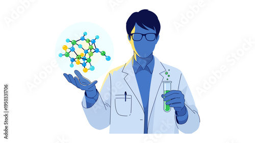 Science in Focus: A dedicated scientist delves into the intricacies of molecular structures and experiments, personifying the spirit of innovation and scientific exploration.