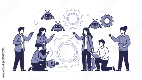 Robotics Team Collaboration: A group of professionals engages in a brainstorming session, collaborating on a robotics project. They are surrounded by gears and the digital renderings of robots.
