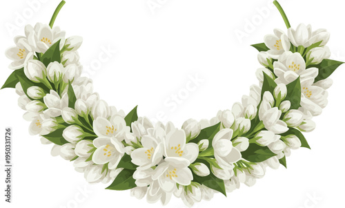 A beautiful floral lei made of white flowers and green leaves on a plain background