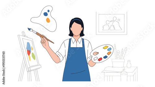 Creative Expression in the Studio: A painter in a simple studio is fully engaged in the art of painting, brush in hand, and palette in another, painting on canvas.