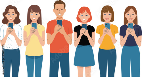 Group of people holding smartphones with blank screens, isolated vector illustration representing communication, technology, and digital device interaction