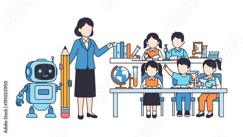 Educator and Young Students in Class: In a vibrant classroom, a thoughtful educator interacts with a group of attentive young students and a modern robot friend.