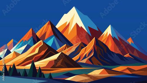 A colorful mountain range with trees and a lake