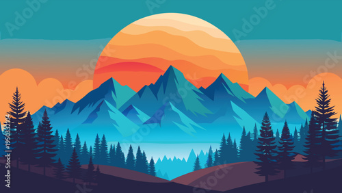 A mountain landscape with trees and a sunset