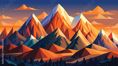 A mountain range with orange and blue hues