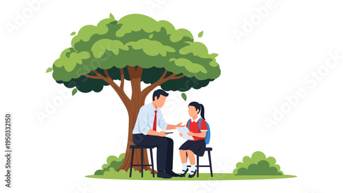 Tutoring Under the Tree: A caring tutor assists a young student with her studies, fostering a sense of learning and understanding beneath the shade of a lush, leafy tree.