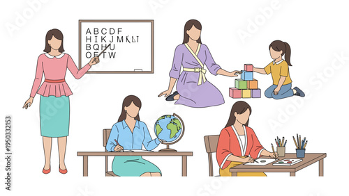 Education and Growth: Various scenes illustrating the vital role of educators in children's development, including teaching, playing, and nurturing.